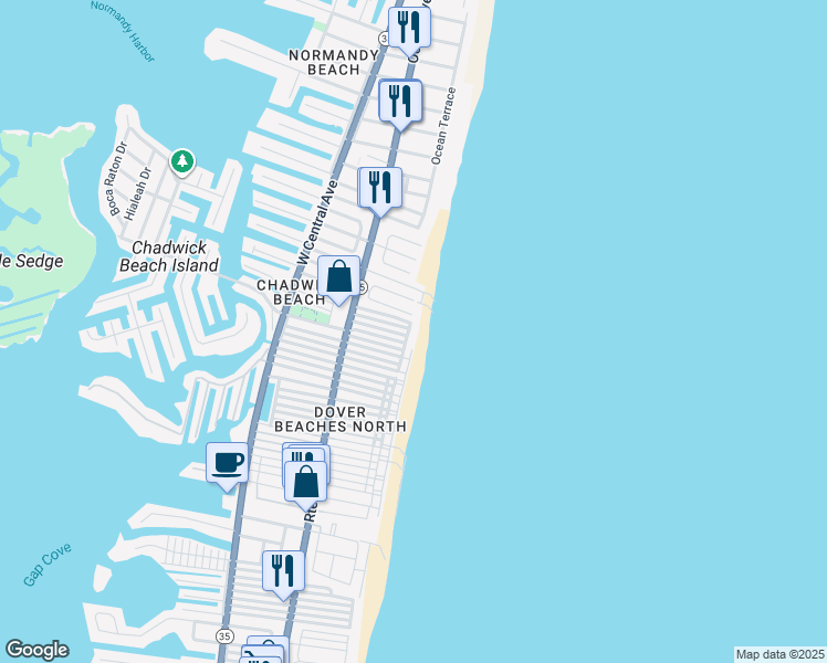 map of restaurants, bars, coffee shops, grocery stores, and more near 3476 Ocean Road in Lavallette