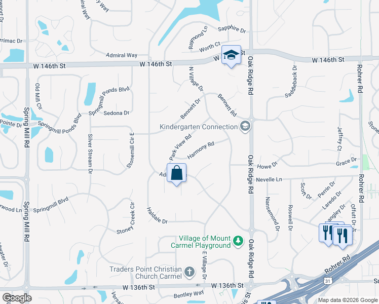 map of restaurants, bars, coffee shops, grocery stores, and more near 101 Park View Road in Carmel