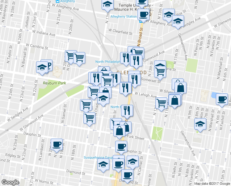map of restaurants, bars, coffee shops, grocery stores, and more near 1511 West Oakdale Street in Philadelphia