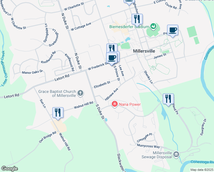 map of restaurants, bars, coffee shops, grocery stores, and more near 146 Elizabeth Street in Millersville