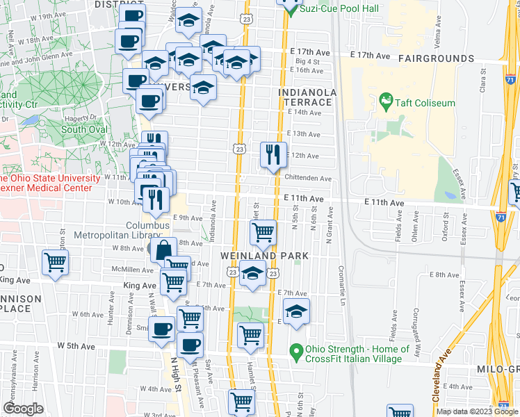 map of restaurants, bars, coffee shops, grocery stores, and more near 1510 Hamlet Street in Columbus