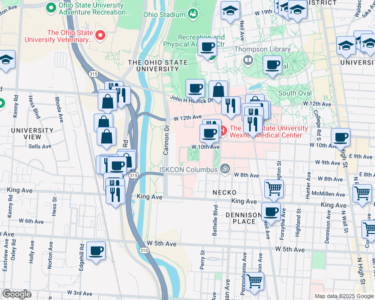 map of restaurants, bars, coffee shops, grocery stores, and more near Dodd Drive in Columbus