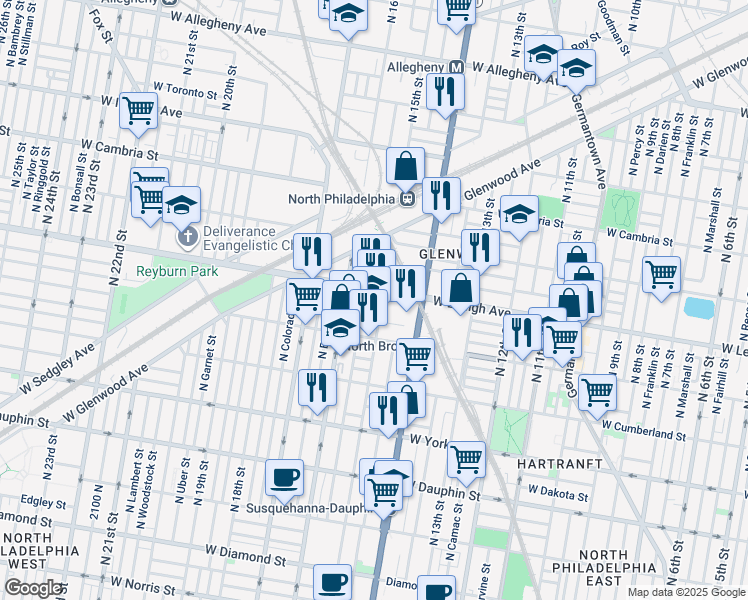 map of restaurants, bars, coffee shops, grocery stores, and more near 1511 West Oakdale Street in Philadelphia