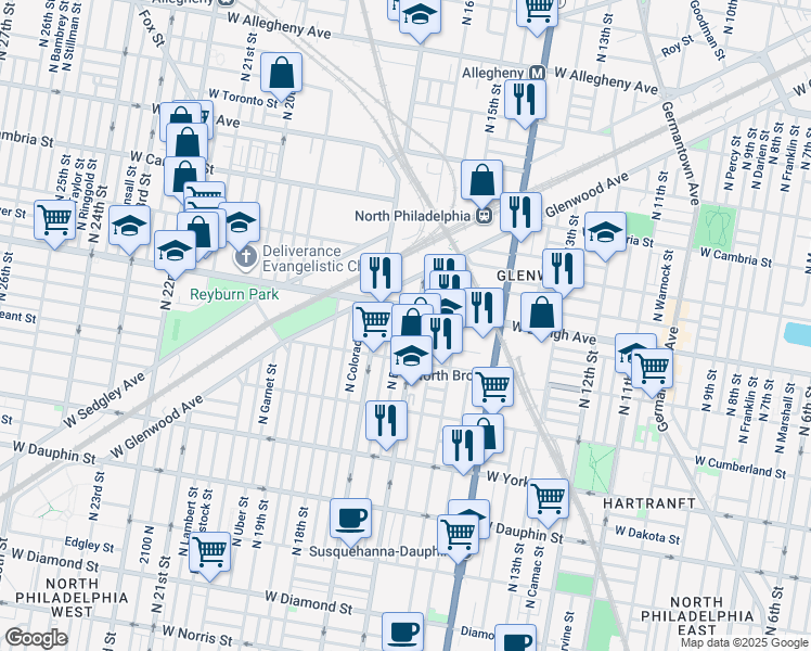 map of restaurants, bars, coffee shops, grocery stores, and more near 2651 North Bancroft Street in Philadelphia