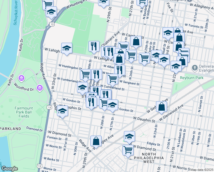 map of restaurants, bars, coffee shops, grocery stores, and more near 2500 North 28th Street in Philadelphia