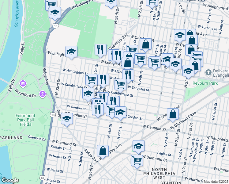 map of restaurants, bars, coffee shops, grocery stores, and more near 2500 North 28th Street in Philadelphia
