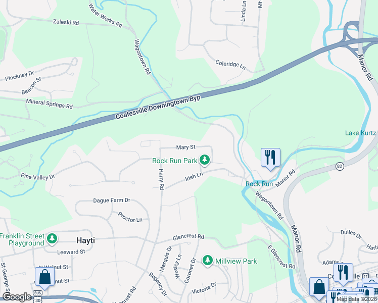 map of restaurants, bars, coffee shops, grocery stores, and more near 71 Mary Street in Coatesville