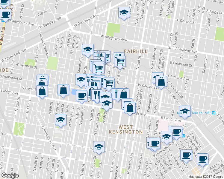 map of restaurants, bars, coffee shops, grocery stores, and more near 2824 North Orianna Street in Philadelphia
