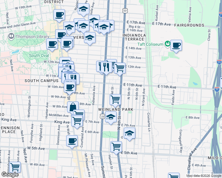 map of restaurants, bars, coffee shops, grocery stores, and more near 218 East 11th Avenue in Columbus