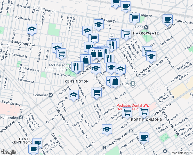 map of restaurants, bars, coffee shops, grocery stores, and more near Jasper Street & East Clearfield Street in Philadelphia