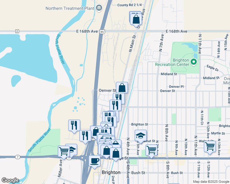 map of restaurants, bars, coffee shops, grocery stores, and more near 258 Denver Street in Brighton