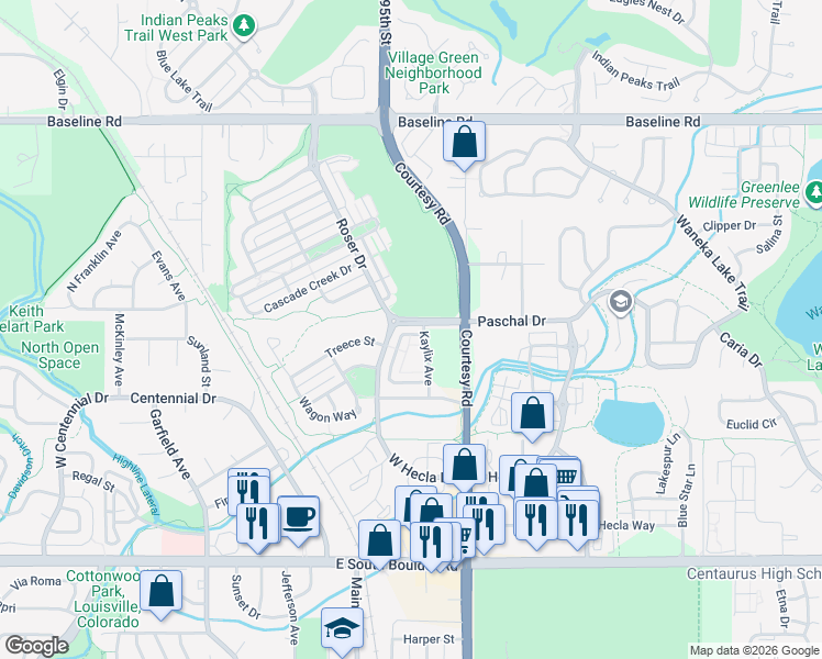 map of restaurants, bars, coffee shops, grocery stores, and more near 612 Hoyt Lane in Lafayette