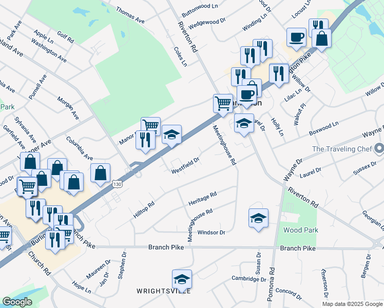 map of restaurants, bars, coffee shops, grocery stores, and more near 777 Westfield Drive in Cinnaminson