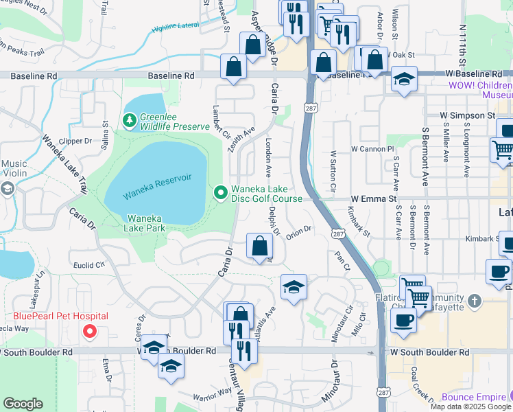 map of restaurants, bars, coffee shops, grocery stores, and more near 535 Vernier Court in Lafayette