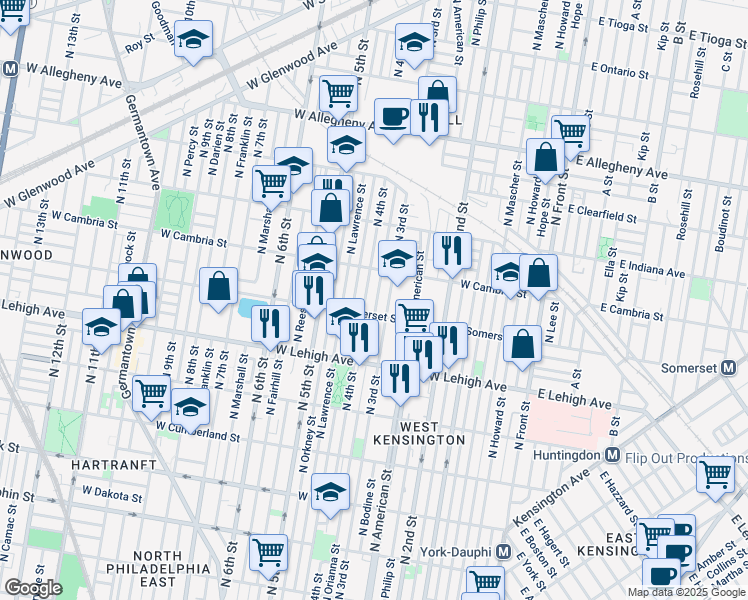 map of restaurants, bars, coffee shops, grocery stores, and more near 2824 North Orianna Street in Philadelphia