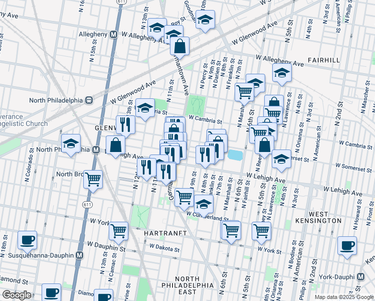 map of restaurants, bars, coffee shops, grocery stores, and more near in Philadelphia