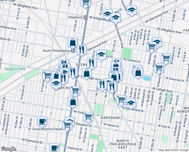 map of restaurants, bars, coffee shops, grocery stores, and more near 2731 North 13th Street in Philadelphia