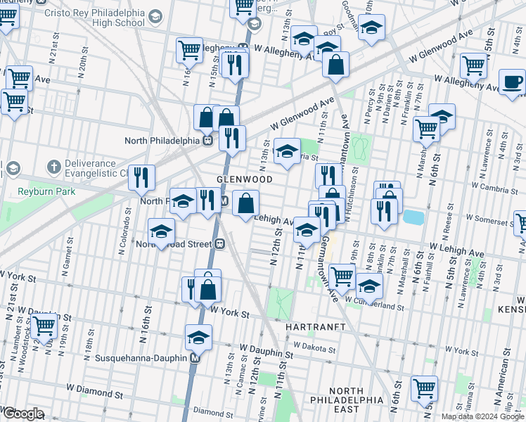 map of restaurants, bars, coffee shops, grocery stores, and more near 2731 North 13th Street in Philadelphia