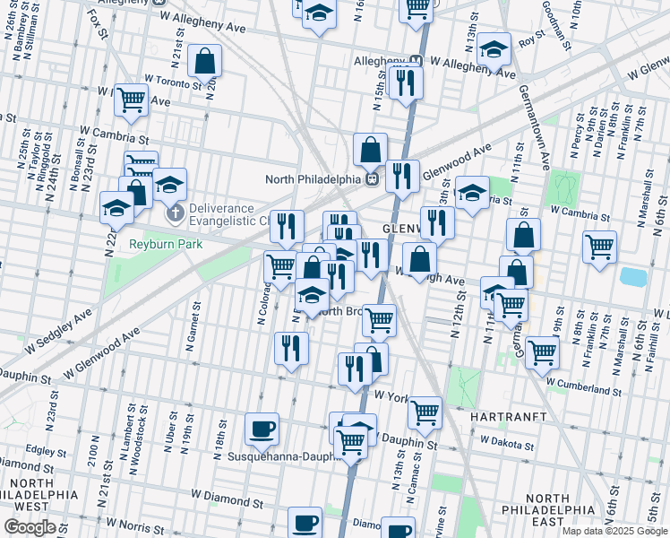 map of restaurants, bars, coffee shops, grocery stores, and more near 1525 West Oakdale Street in Philadelphia