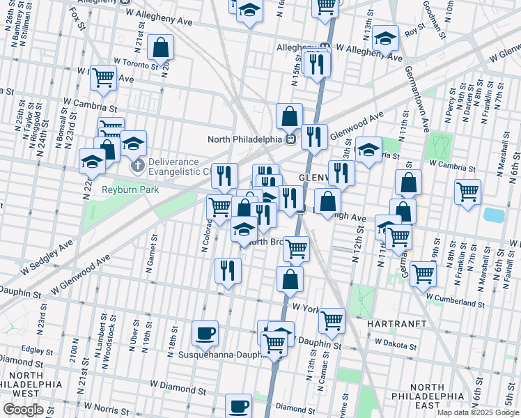 map of restaurants, bars, coffee shops, grocery stores, and more near in Philadelphia