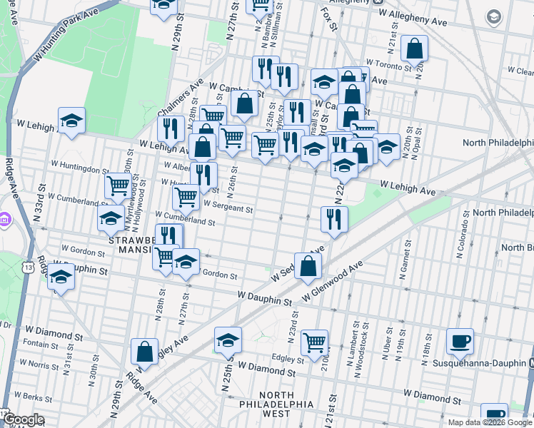 map of restaurants, bars, coffee shops, grocery stores, and more near 2446 West Huntingdon Street in Philadelphia