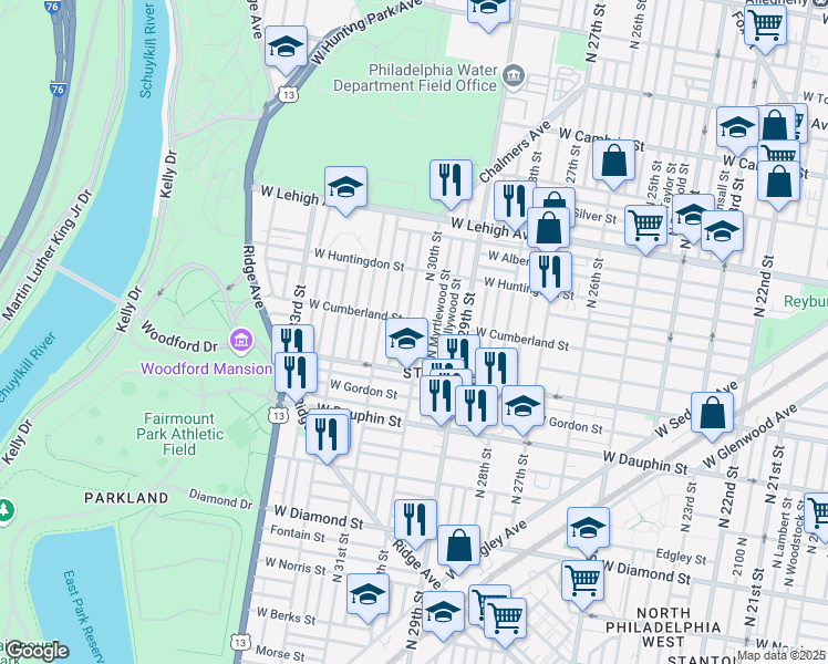 map of restaurants, bars, coffee shops, grocery stores, and more near 2506 North Corlies Street in Philadelphia