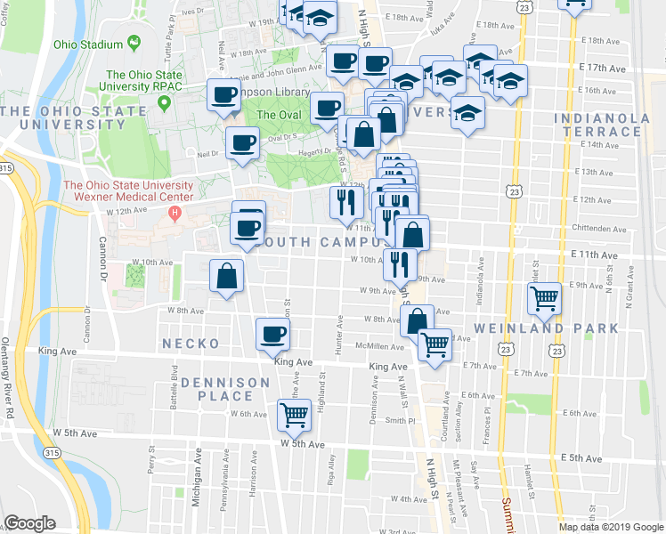 map of restaurants, bars, coffee shops, grocery stores, and more near 110 West 10th Avenue in Columbus