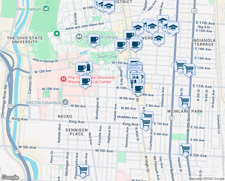 map of restaurants, bars, coffee shops, grocery stores, and more near in Columbus