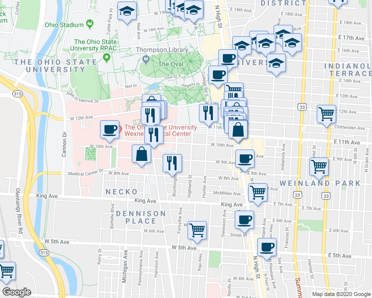 map of restaurants, bars, coffee shops, grocery stores, and more near in Columbus