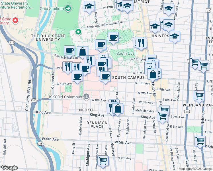 map of restaurants, bars, coffee shops, grocery stores, and more near in Columbus