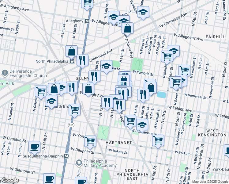 map of restaurants, bars, coffee shops, grocery stores, and more near 2722 North 11th Street in Philadelphia