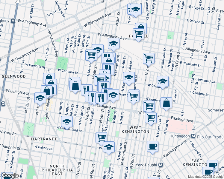 map of restaurants, bars, coffee shops, grocery stores, and more near 2812 North Lawrence Street in Philadelphia