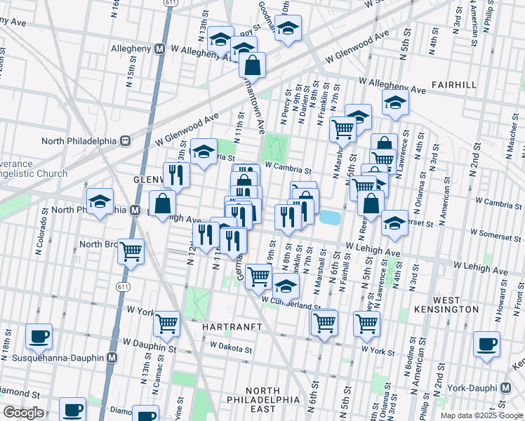 map of restaurants, bars, coffee shops, grocery stores, and more near in Philadelphia