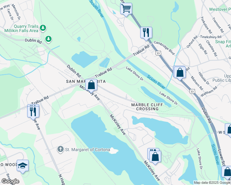 map of restaurants, bars, coffee shops, grocery stores, and more near 2828 Marblevista Boulevard in Columbus