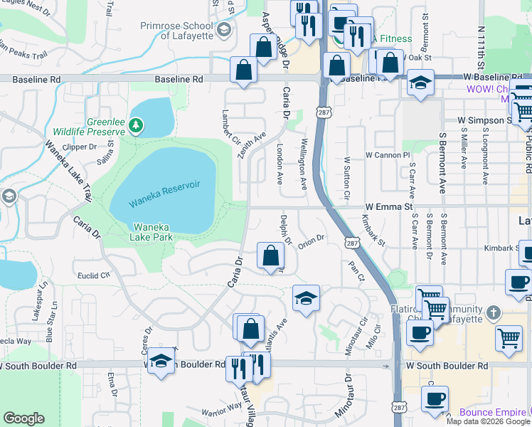 map of restaurants, bars, coffee shops, grocery stores, and more near 535 Vernier Court in Lafayette