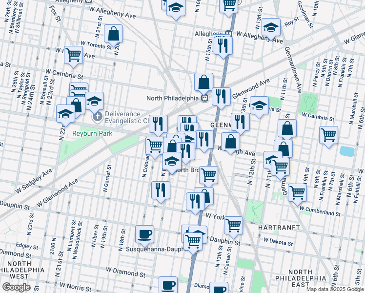 map of restaurants, bars, coffee shops, grocery stores, and more near 1531 West Oakdale Street in Philadelphia