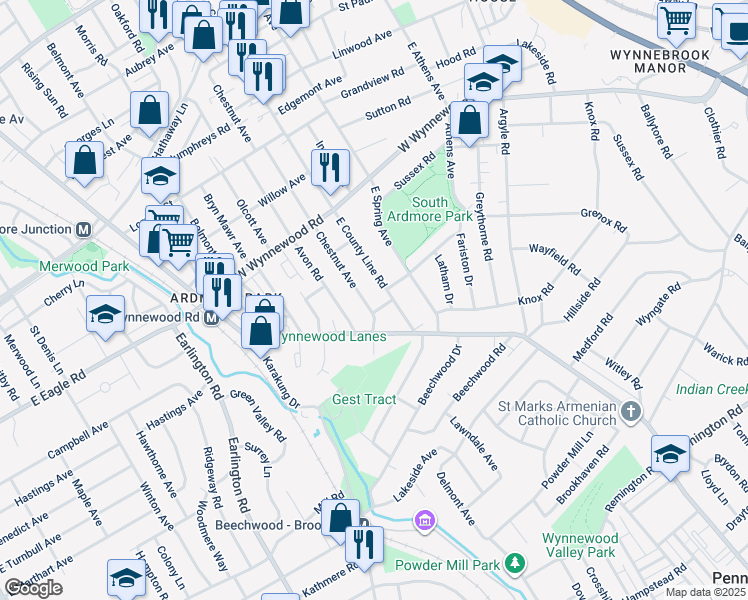 map of restaurants, bars, coffee shops, grocery stores, and more near 2109 Chestnut Avenue in Ardmore
