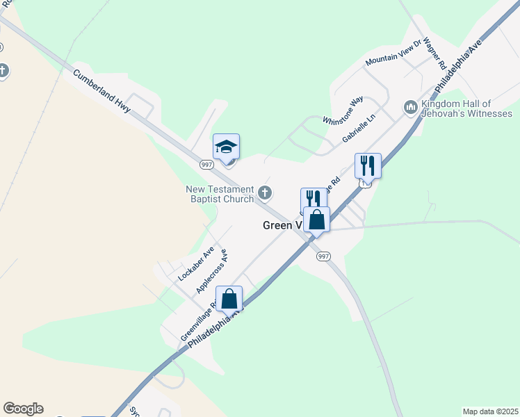 map of restaurants, bars, coffee shops, grocery stores, and more near 5445 Cumberland Highway in Chambersburg