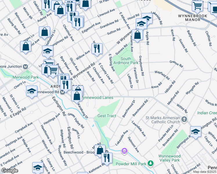 map of restaurants, bars, coffee shops, grocery stores, and more near 2109 Chestnut Avenue in Ardmore