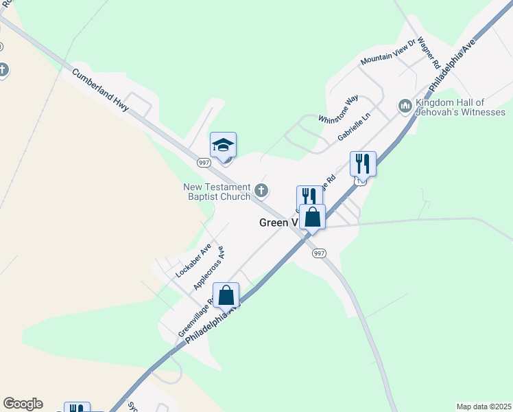 map of restaurants, bars, coffee shops, grocery stores, and more near 5445 Cumberland Highway in Chambersburg