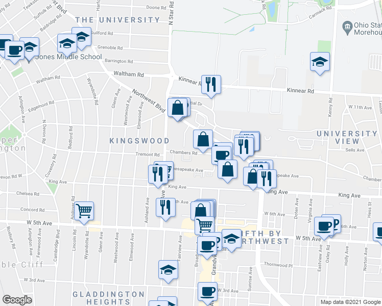 map of restaurants, bars, coffee shops, grocery stores, and more near Chambers Rd & Drayton Park Ct in Franklin