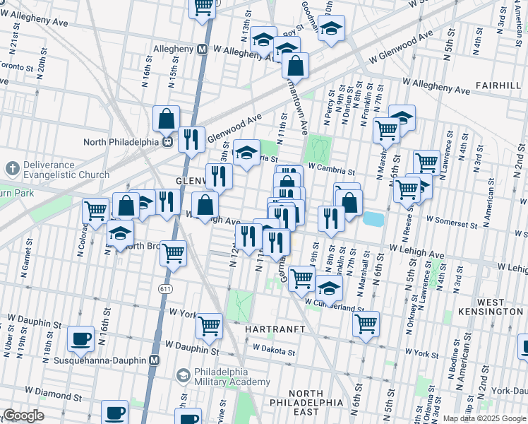 map of restaurants, bars, coffee shops, grocery stores, and more near 2722 North 11th Street in Philadelphia