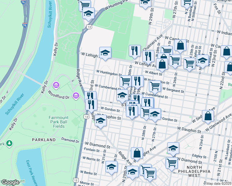 map of restaurants, bars, coffee shops, grocery stores, and more near 2449 North 31st Street in Philadelphia