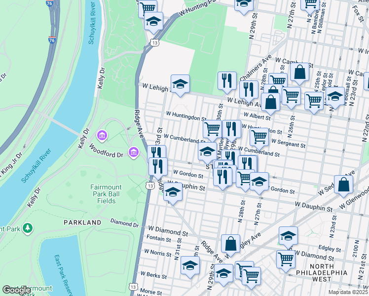 map of restaurants, bars, coffee shops, grocery stores, and more near 2445 North Patton Street in Philadelphia