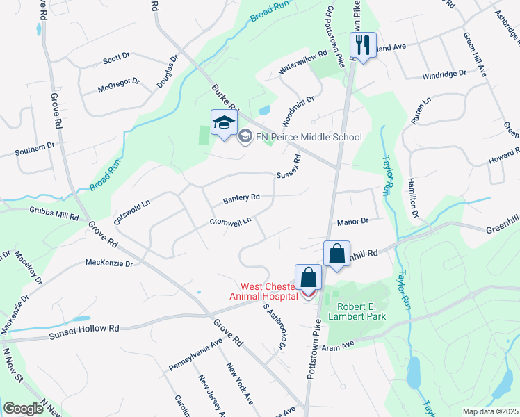 map of restaurants, bars, coffee shops, grocery stores, and more near 130 Cromwell Lane in West Chester