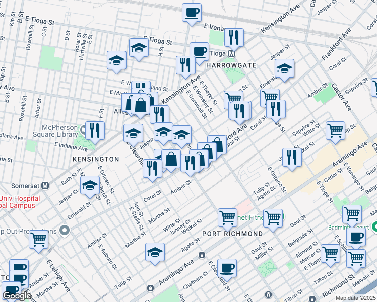 map of restaurants, bars, coffee shops, grocery stores, and more near 2024 East Madison Street in Philadelphia