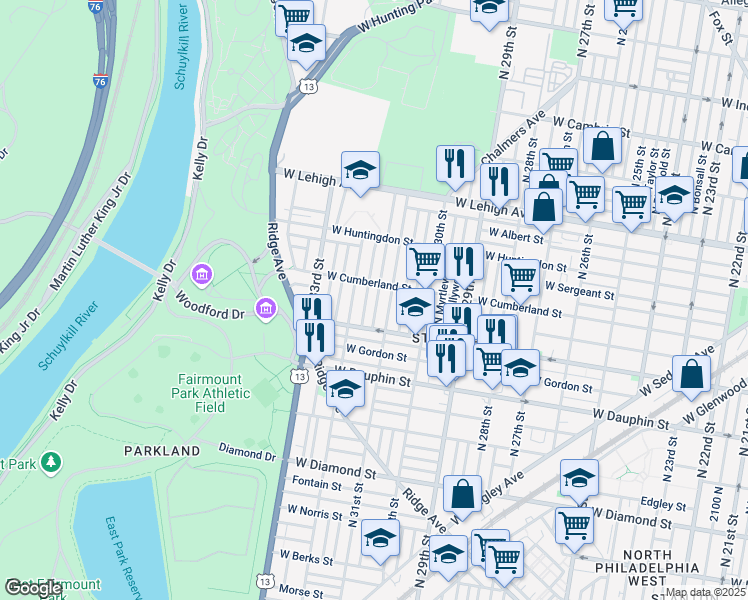 map of restaurants, bars, coffee shops, grocery stores, and more near 2446 North Napa Street in Philadelphia
