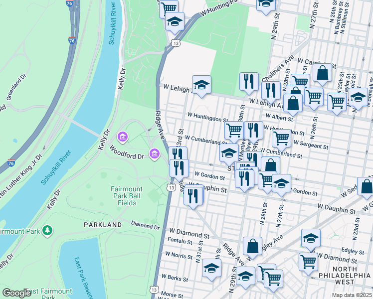map of restaurants, bars, coffee shops, grocery stores, and more near 2435 North Douglas Street in Philadelphia
