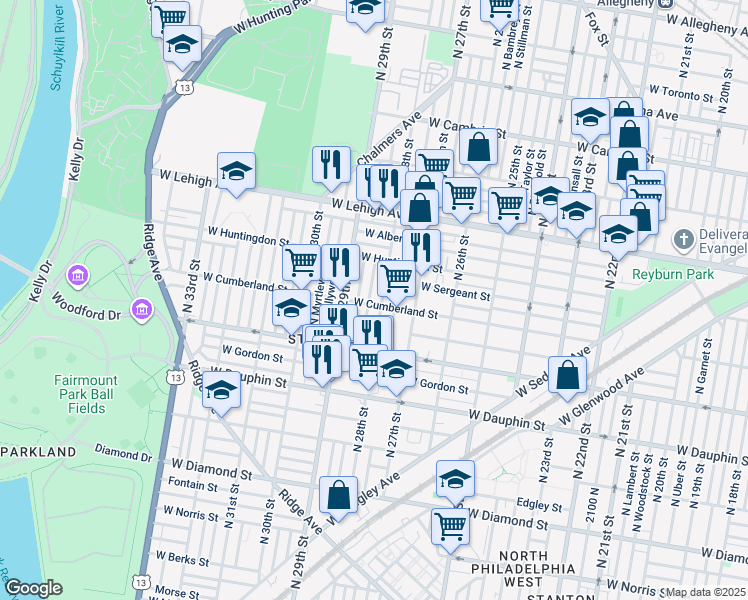 map of restaurants, bars, coffee shops, grocery stores, and more near 2823 West Cumberland Street in Philadelphia