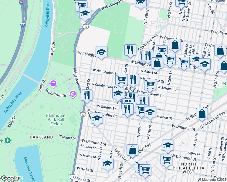 map of restaurants, bars, coffee shops, grocery stores, and more near 2452 North Stanley Street in Philadelphia